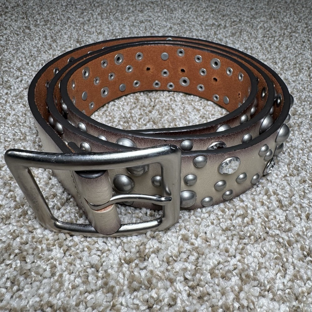 Studded Genuine Leather Rhinestone Ombre Beige 45" Belt Size L